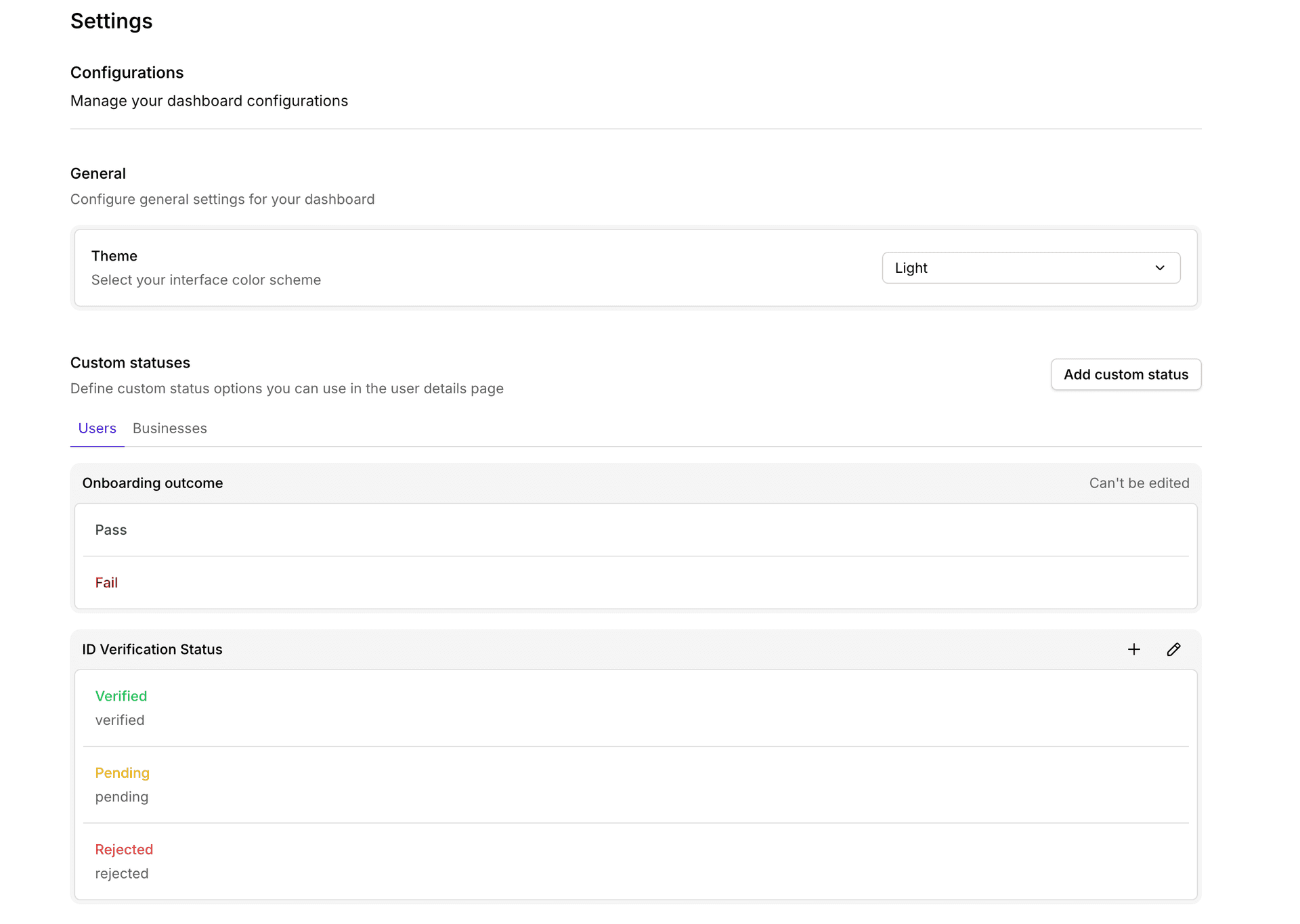 The custom statuses configuration page in organization settings