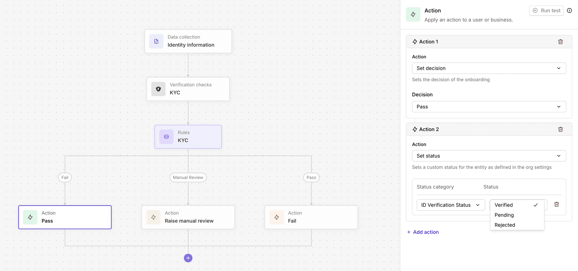 An Action node in the Playbook builder setting a custom status