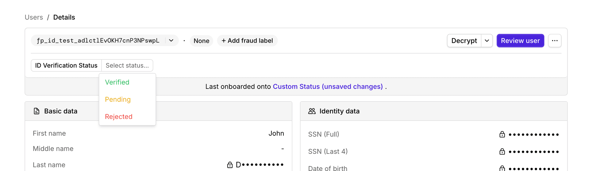 The custom status control on a user's details page