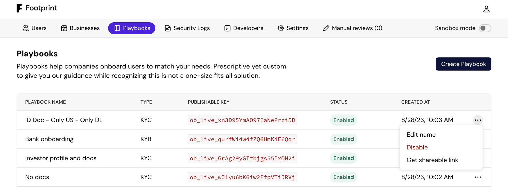 The playbook dropdown menu with the Get shareable link option