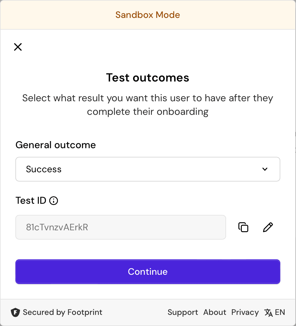 Sandbox outcome selector with the mock outcome options